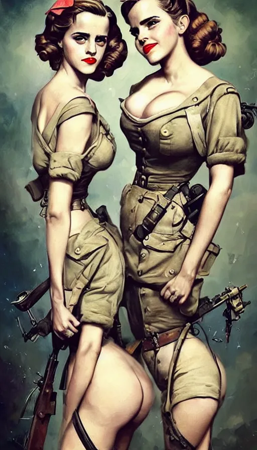 Image similar to “ emma watson and lindsey pelas as world war 2 pinup girls, tattoo, decorated ornaments by carl spitzweg, ismail inceoglu, vdragan bibin, hans thoma, greg rutkowski, alexandros pyromallis, perfect face, fine details, realistic shaded ”