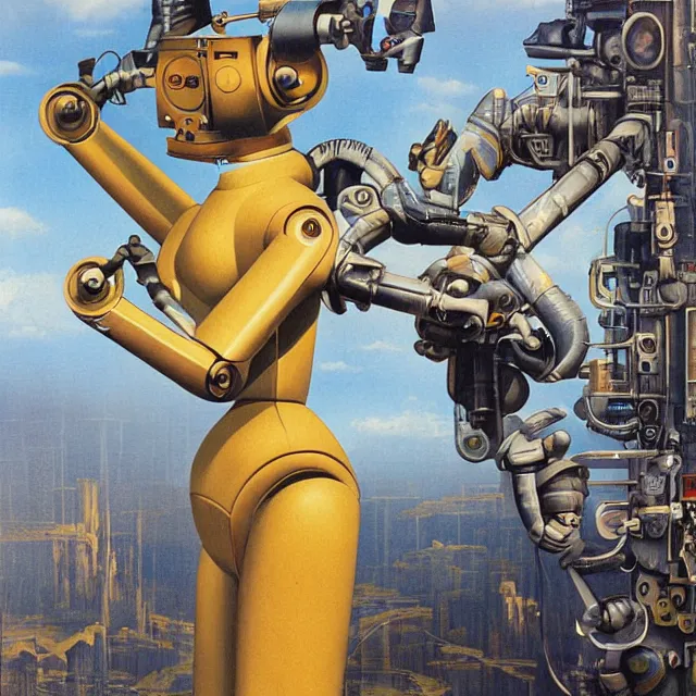 Prompt: robot artist painting a self - portrait on a canvas. intricate, highly detailed, digital matte painting in the style of alberto vargas and in the style of chris foss. irony, recursion, inspiration.