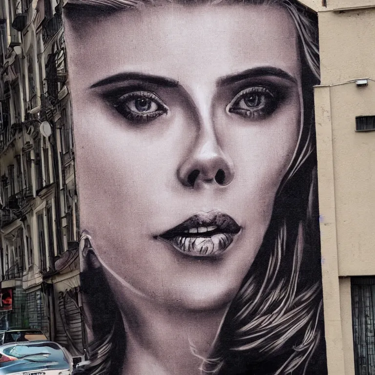 Prompt: Detailed street-art portrait of Scarlett Ingrid Johansson in style of Banksy