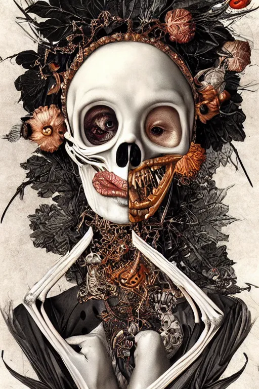 Image similar to Detailed maximalist portrait with large lips and with large white eyes, angry, exasperated expression, skeletal, HD mixed media, 3D collage, highly detailed and intricate, surreal illustration in the style of Caravaggio, dark art, baroque