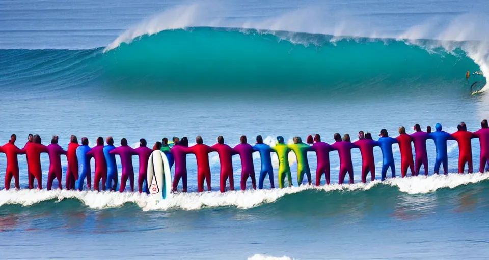 Image similar to worshippers in robes belonging to the cult of the surfers, surfing in waves, standing on surfboards, surfing inside one large barreled wave, high detailed colors, blue