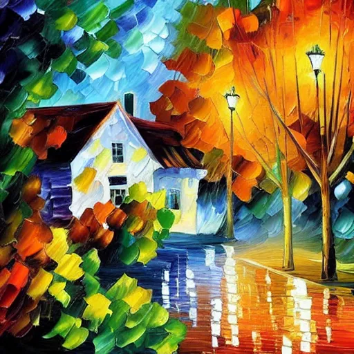 Prompt: a cottage with a garden, leonid afremov