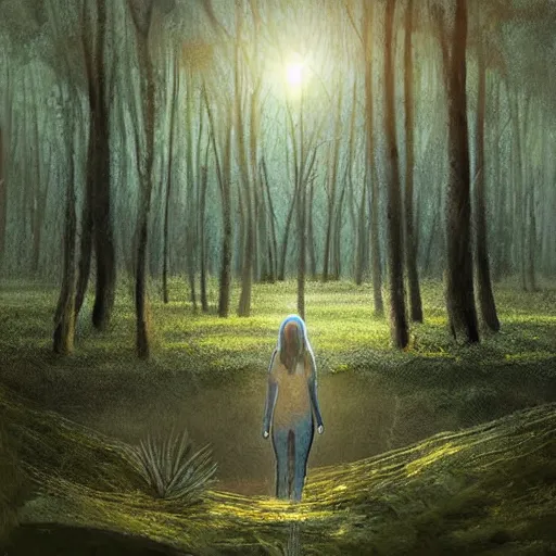 Prompt: a dirty lost person is following a small floating blue softly glowing ball of light through the swampy forest, art by Agus SW .