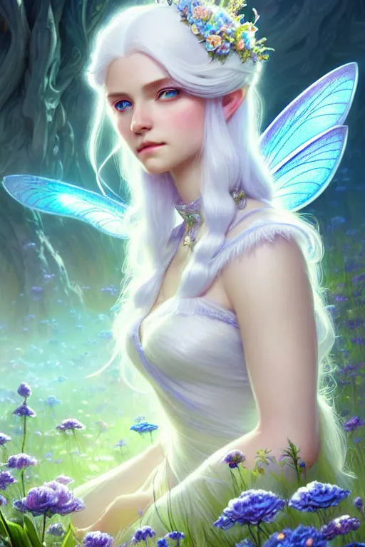 Image similar to highly detailed illustration beautiful white - haired fairy princess in a flower garden, wonderful blue eyes, deep focus, d & d, fantasy, complex, elegant, highly detailed, digital painting, artstation, concept art, matte, clear focus, illustration, hearthstone, art by artgerm and greg rutkowski and alphonse mucha