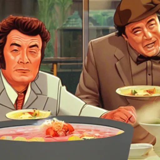 Prompt: Columbo tries hot pot