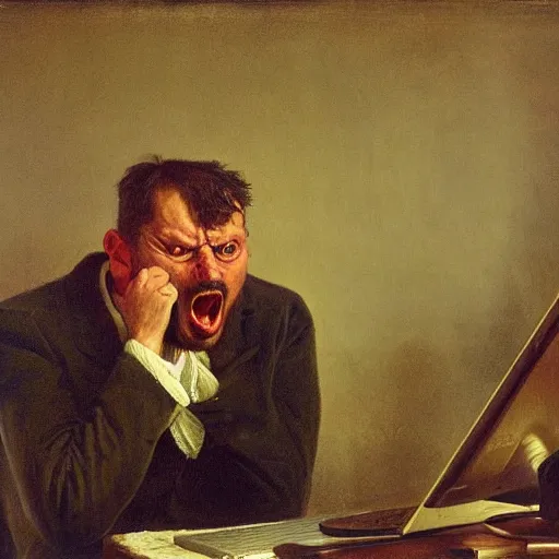 Image similar to an angry man yells at his computer monitor, oil on canvas, 1 8 8 3, highly detailed, high resolution