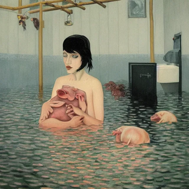 Image similar to tall female emo artist holding a pig in her flooded bathroom, mushrooms, octopus, water gushing from ceiling, painting of flood waters inside an artist's bathroom, a river flooding indoors, pomegranates, pigs, ikebana, zen, river, rapids, waterfall, black swans, canoe, berries, acrylic on canvas, surrealist, by magritte and monet