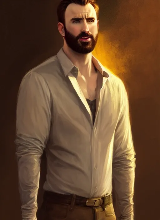 Prompt: Chris Evans as Lucifer morningstar, slight smile, highly detailed, digital painting, artstation, concept art, sharp focus, illustration, art by wlop and J. C. Leyendecker and Edmund Bliar Leighton and Charlie Bowater