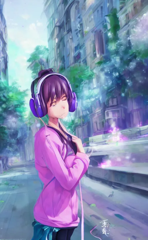Image similar to anime girl with pink ponytail, wearing purple headphones, wearing a green sweater, with a smile on her face and her eyes closed, walking down a street, dynamic lighting, photorealistic fantasy concept art, trending on art station, stunning visuals, creative, cinematic, ultra detailed