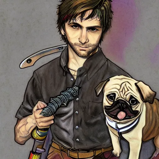 Image similar to self portrait, young white hispanic handsome man with short light brown hair and light skin and a 5 o clock shadow and holding a pug while fighting against 2 swordsmen pencil art, fraction background, psychedelic, added detail, high definiton, colored, backfacing, illustrated by yoji shinkawa