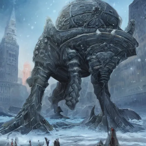 Image similar to Gigantic creature with ancient buildings on its back, snow, digital art, realistic, trending on artstation