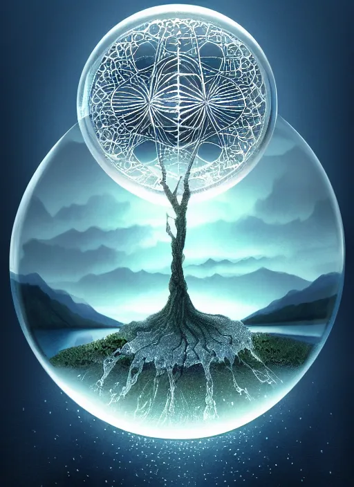 Image similar to transparent horizontally centered crystal sphere floating over a serene lake, tree of life inside the ball, intricate details, radiant light, reflections on the water, ripples, moody sky, hyperdetailed illustration by yuumei, by mark brooks, john harris, artstation, low global light, coherent composition