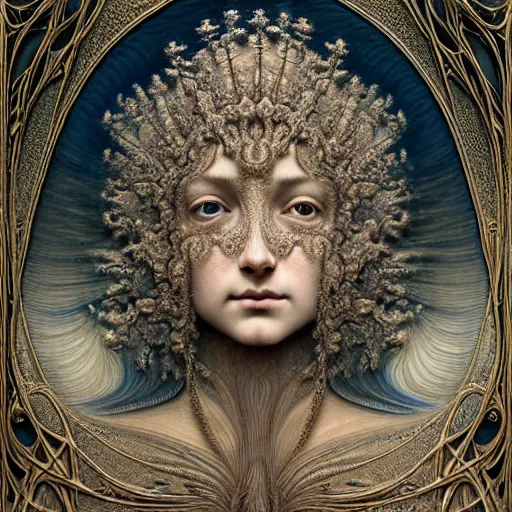 Image similar to detailed realistic beautiful young medieval queen face portrait by jean delville, gustave dore, iris van herpen and marco mazzoni, art forms of nature by ernst haeckel, art nouveau, symbolist, visionary, gothic, pre - raphaelite, fractal lace, surreality, horizontal symmetry, intricate hyper detailed ultra sharp octane render