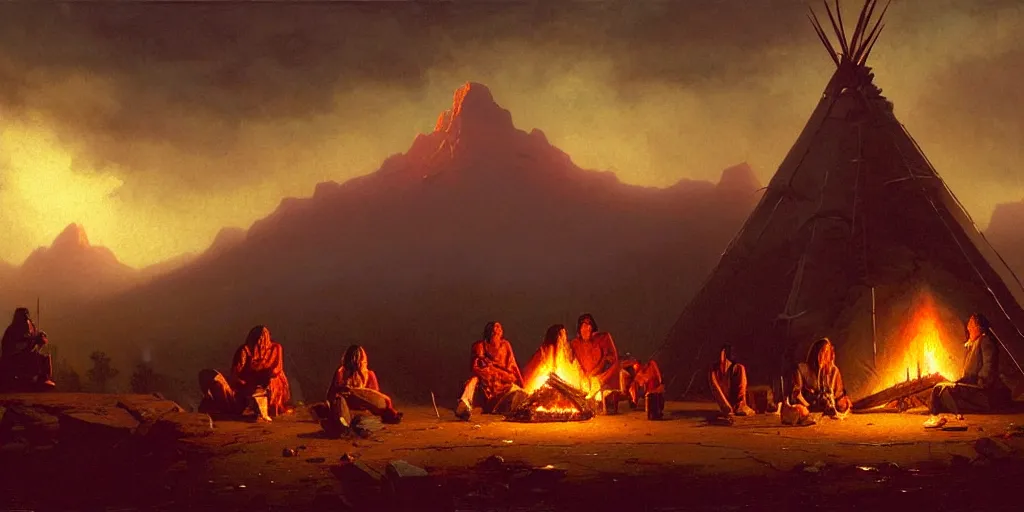 Image similar to some old native americans sitting together at a fire in front of some tipis, beatiful mountain background, cyberpunk, by albert bierstadt, by greg rutkowski, highly detailed, warm lightning, digital painting