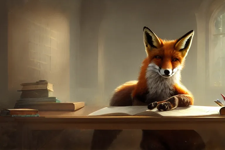 Image similar to portrait of a fox sat at a school desk doing schoolwork, trending on artstation, highly detailed, digital painting, volumetric light, concept art, middle focus, illustration, lighting by Marc Adamus, daren bader, aleksi briclot, rutkowski, bouguereau