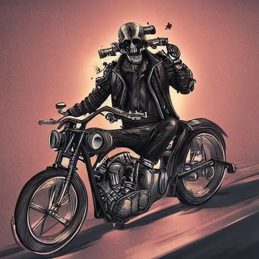 Image similar to a cool skeleton riding a harley davis motorcycle wearing a leather jacket and smoking a cigar, cyberpunk aesthetic, digital art, trending on artstation