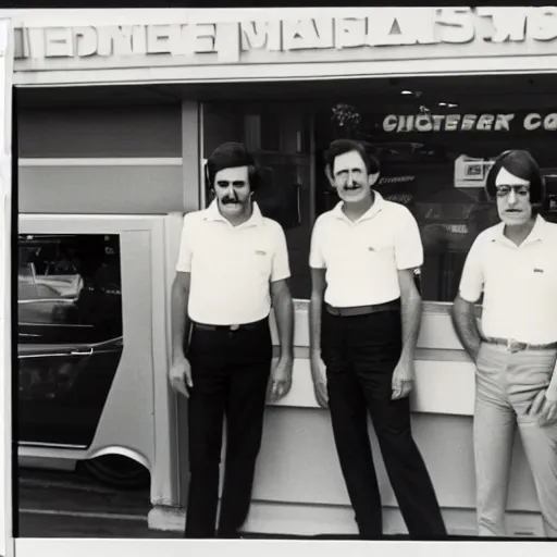 Image similar to photograph of 4 old men wearing white polo shirts and black khaki pants working behind the counter of an enterprise rent - a - car in 1 9 7 5