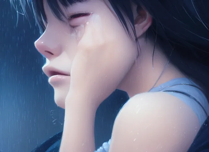 Image similar to a film still portrait of a beautiful crying woman, finely detailed features, closeup of face, cinematic lighting, perfect art, night cyberpunk city, intricate, anime, gapmoe grimdark, artstation, trending on pixiv fanbox, painted by greg rutkowski makoto shinkai takashi takeuchi studio ghibli, akihiko yoshida, 4 k