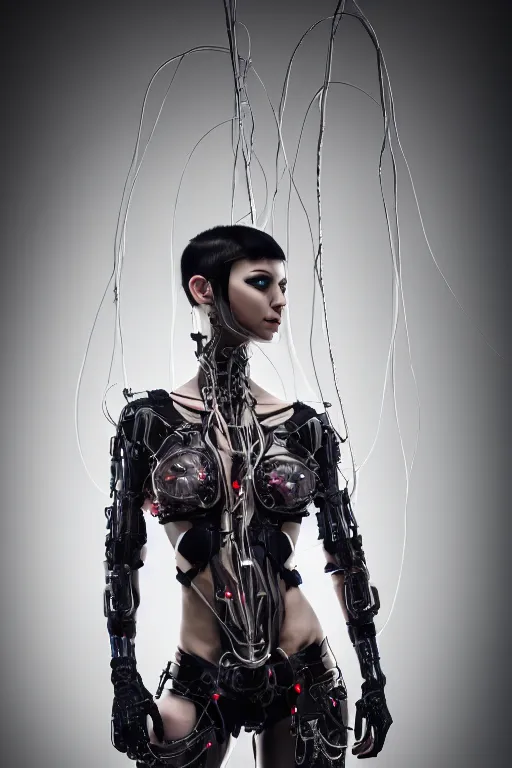 Image similar to a beautifull anatomialy perfect cyberpunk woman model, wearing cable armor, luxury materials, symmetrical, cinematic, elegant, professional studio light, real dlsr photography, sharp focus, 4 k, ultra hd, sense of awe, high fashion