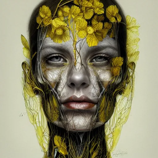 Image similar to masterpiece portrait woman, bones and veins, yellow, marco mazzoni, zdzislaw beksinksi