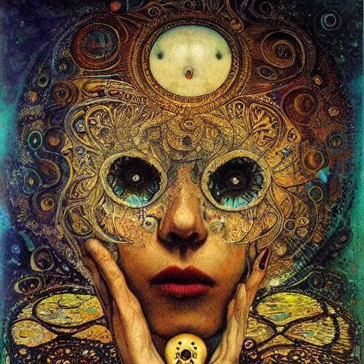 Image similar to Memento Mori by Karol Bak, Jean Deville, Gustav Klimt, and Vincent Van Gogh, beautiful visionary mystical portrait, calavera, otherworldly, fractal structures, ornate gilded medieval icon, third eye, spirals, calavera by Amano