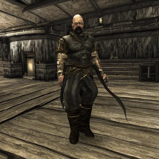 Image similar to walter white in sovngarde, skyrim, alduin, black dragon, adventuring gear, nord, viking