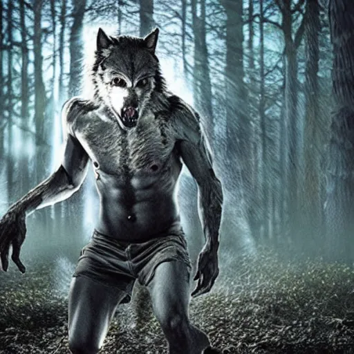 Image similar to photo of a human partially transforming into a werewolf, in the moonlit forest. physiological transformation ; hybrid creature. highly - detailed ; photorealistic.