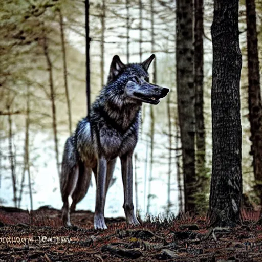 Image similar to human! wolf werecreature, photograph captured at woodland creek