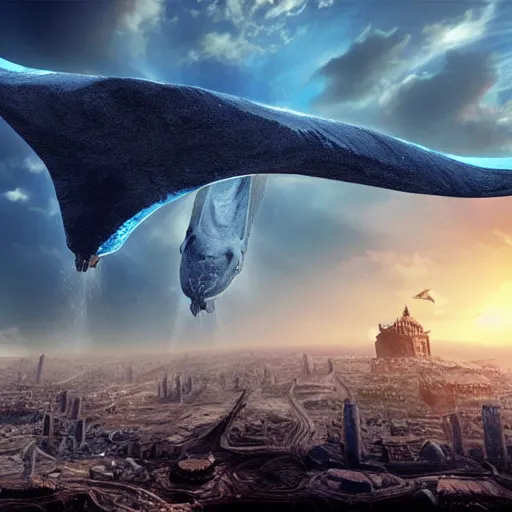 Image similar to A giant flying blue whale that has a city of ruins on it's back, fantasy art, cg artist