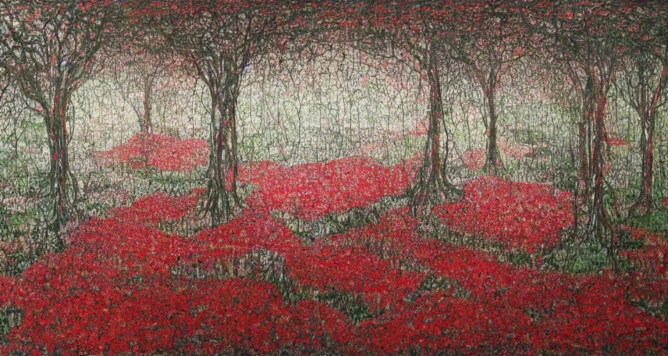 Image similar to A painting of an English Garden in summer, dawn, by Chiharu Shiota