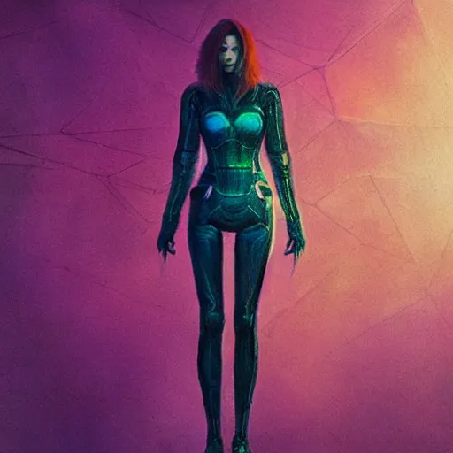 Image similar to long Shot of psychedelic Black widow standing in mysterious chromatic astral temple , stylish, lsd, soft, cinematic, artwork by WLOP