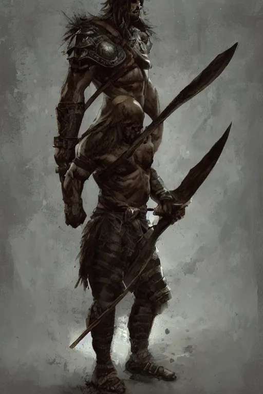 Image similar to a giant warrior in hide leather armor holding an axe, leaning against an ax, hatchet!!! concept art in style of Greg Rutkowski, painted by Frank Frazetta, John Singer Sargant