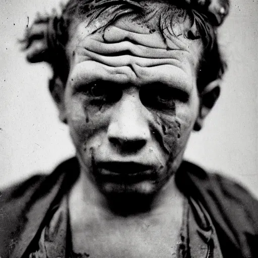 Image similar to close up photo portrait of a 19th century young ugly clean-face brutal male angry gangster with scars by Diane Arbus and Louis Daguerre