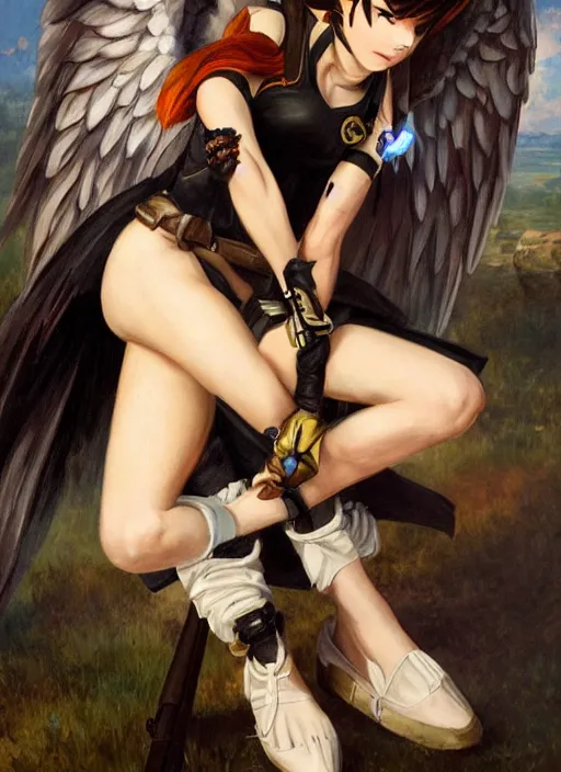 Image similar to oil painting of tracer overwatch in the style of sophie anderson, on knees, angel wings, black outfit, dramatic painting, wearing black choker,