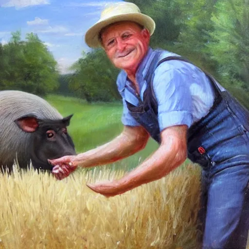 Image similar to a proud englishman farmer showing off his prized blue ribbon hog at the county fair, oil painting