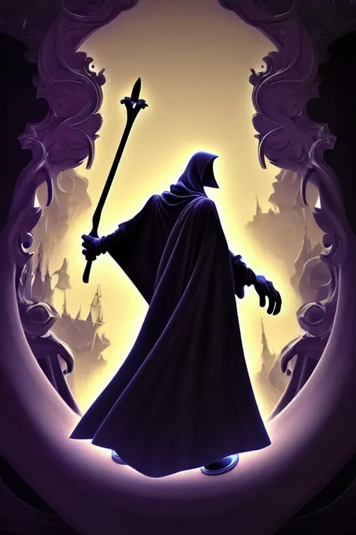 Image similar to video game cover, disney grim reaper dressed with a cape, intricate baroque style. by glen keane, by goro fujita, by octavio ocampo, masterpiece. intricate artwork, very coherent symmetrical artwork, cinematic, octane render, smooth gradients, high contrast. full body character, clean ink detailed line drawing