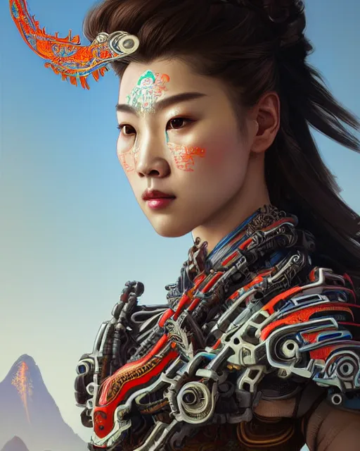 Image similar to portrait of a machine from horizon zero dawn, machine face, upper body, decorated with chinese opera motifs, asian, traditional chinese art, intricate, elegant, highly detailed, digital painting, artstation, concept art, smooth, sharp focus, illustration, art by artgerm and greg rutkowski and alphonse mucha, 8 k