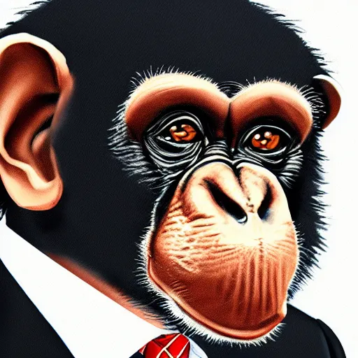 Image similar to a high detail portrait of a chimp wearing a suit 👔,and smoking🚬