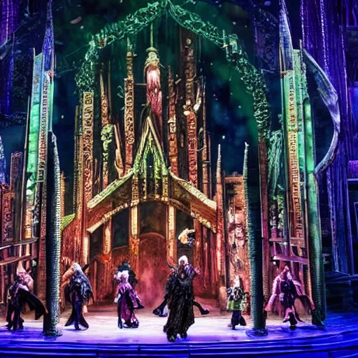 Image similar to photo, a highly - themed dramatic broadway musical set design with huge spectacle, dark and moody futuristic, a dark gothic psychedelic palace