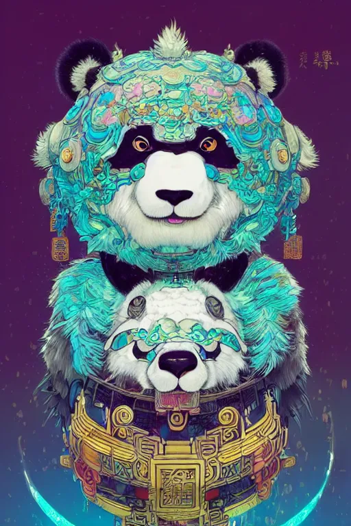 Image similar to a beautiful hyperdetailed character design of a cute panda with a chinese lion dance head victo ngai cyberpunk style, from china, style of studio ghibli, makoto shinkai, raphael lacoste, louis comfort tiffany, artgerm, james jean, ross tran, chinese style