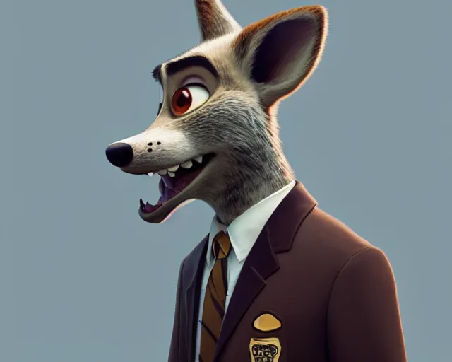 Prompt: a film still from zootopia main character portrait anthro anthropomorphic wolf security guard head animal person fursona wearing suit and tie pixar disney animation sharp rendered in unreal engine 5 anime key art by greg rutkowski bloom dramatic lighting modeling beginner render