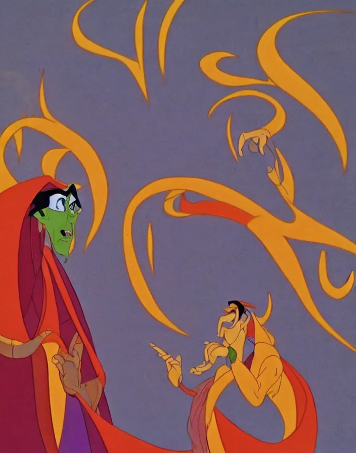 Prompt: 1 9 9 0 disney animation cel still from aladdin of a portrait of jafar reimagined as sauron