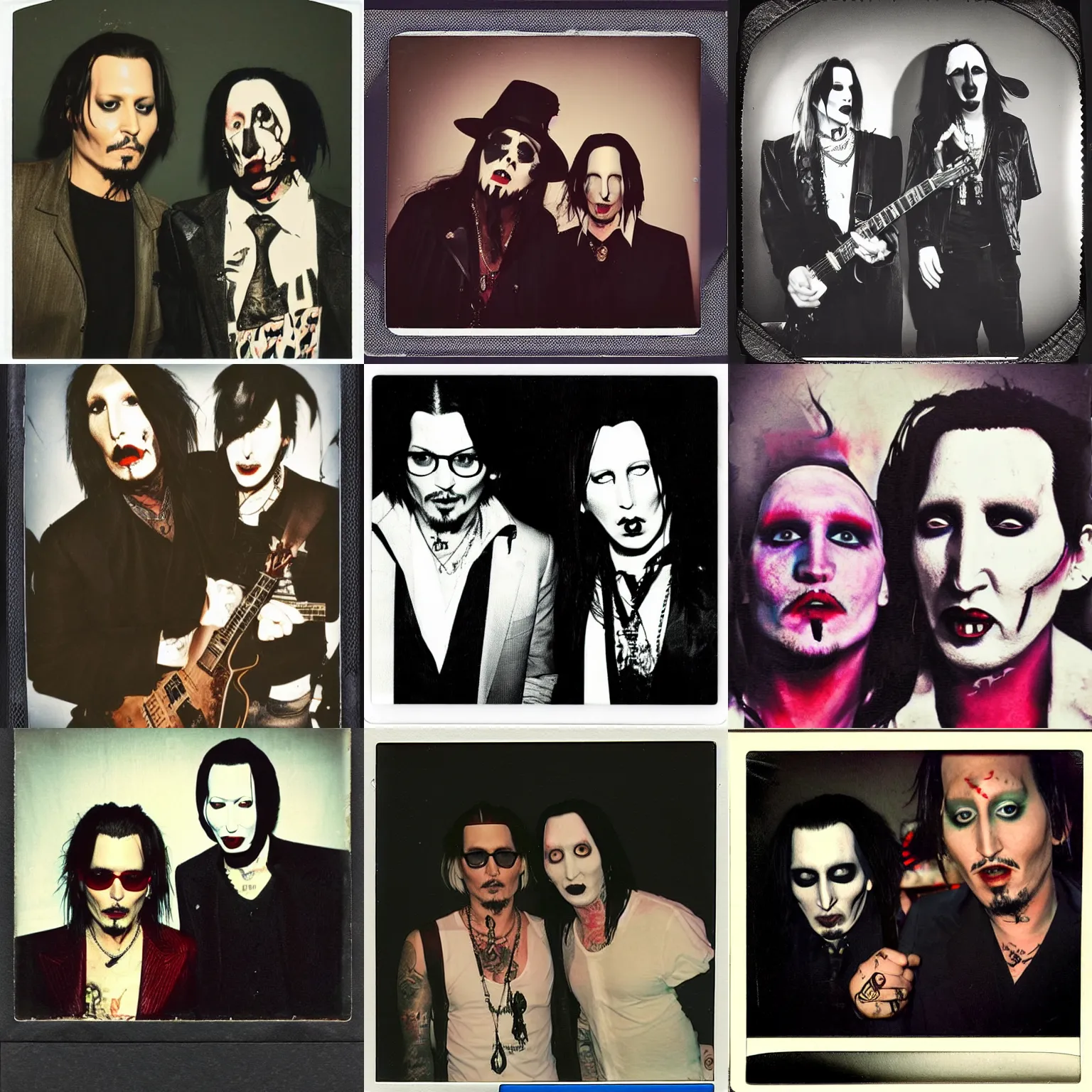Prompt: an old polaroid image of Johnny Depp and Marilyn Manson performing together in a band. Trending on Artstation, featured on Behance, well-rendered, intricate, highly detailed, very crispy, Unreal Engine, 4K HD