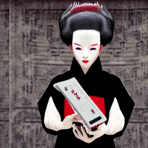 Image similar to young albino kitsune maiko playing gameboy by hiroaki samura, unreal engine octane, red highlights, portrait,detailed,