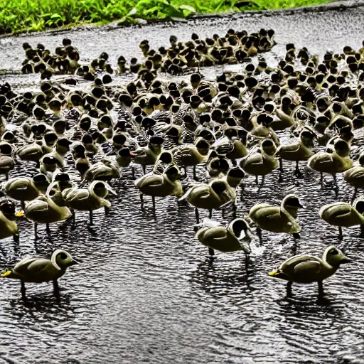 Prompt: army of ducks fighting with each other, highly realistic