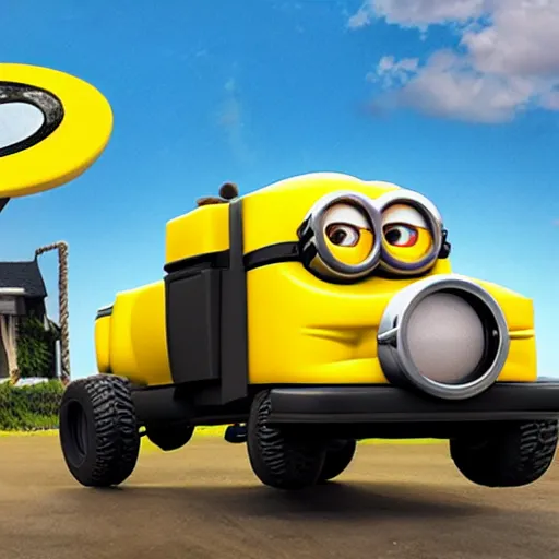 Prompt: minion driving a monster truck,