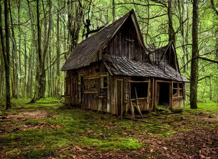Image similar to a creepy wooden shack in the middle of a forest, dark, shadows, moss, rotting wood, cinimatic, scary