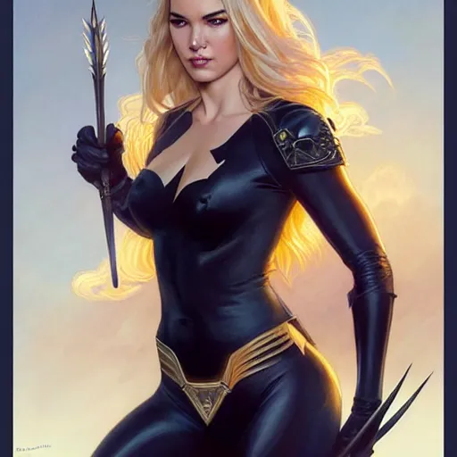 Image similar to Odette Annable with blonde hair as Bat Girl, western, D&D, fantasy, intricate, elegant, highly detailed, digital painting, artstation, concept art, matte, sharp focus, illustration, art by Artgerm and Greg Rutkowski and Alphonse Mucha