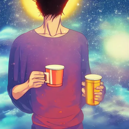 Image similar to A man drinking a cup of cosmic energy bright light by Masafumi Harada, 4k, digital art, surreal, anime style,