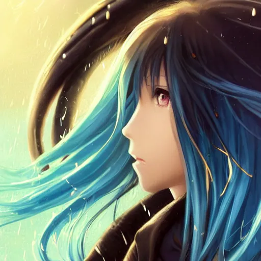 Prompt: side profile of rimuru tempest looking down with sky blue hair, long hair, gold eyes, high collar, 3 5 mm, black jacket | shiny, highly detailed, rain, professional digital painting, concept art, award - winning photography, cinematic, wlop | art by pixiv art, yoshitaka amano, deviantart